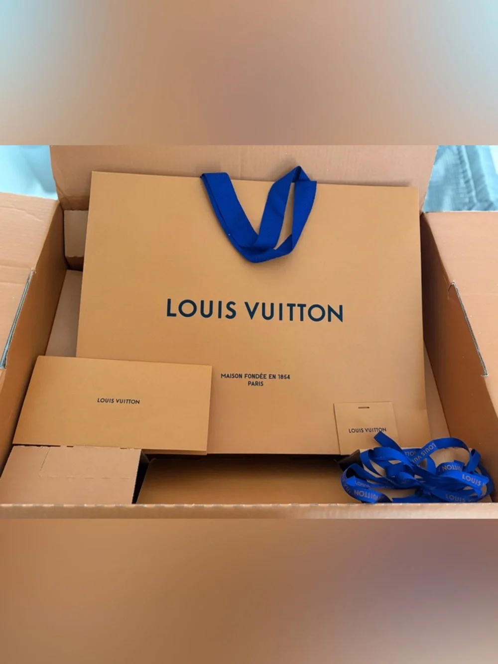 Louis Vuitton Packaging: Shopping Bag, Envelope, Ribbon and XL Cardboard Box